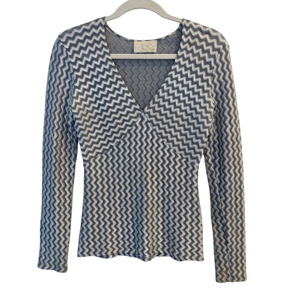 Vintage Cache Chevron ZigZag Knit Top Y2K Metallic Silver Gray V Neck Small